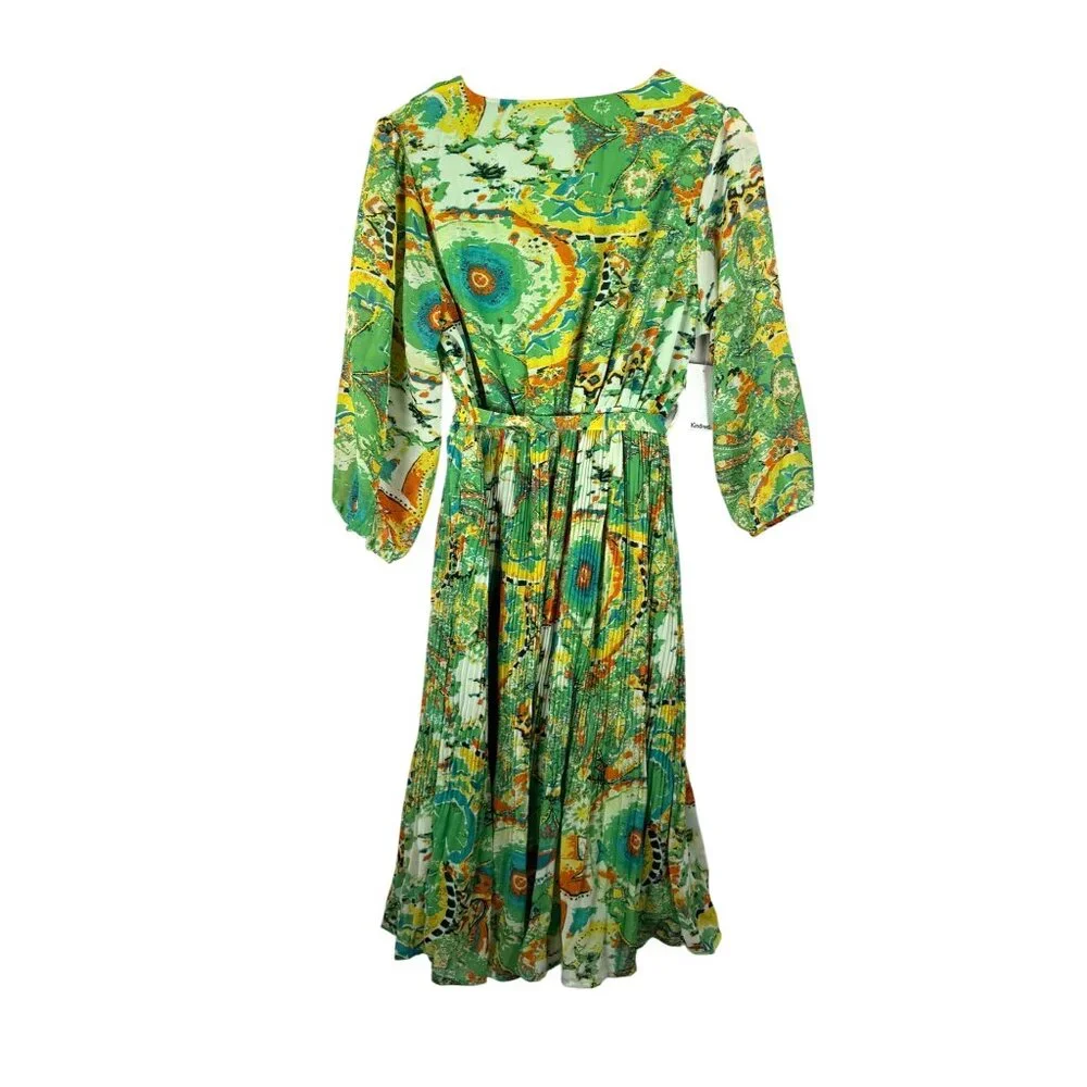 Kindred boho pleated artsy vibrant midi fit flare dress wrap sz L - Picture 4 of 7